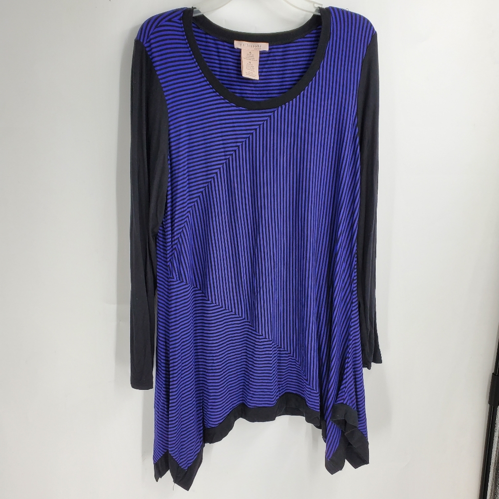PHILOSOPHY women's XL blue and black stripe asymmetrical stretchy blouse